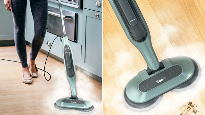 A Woman Holding Shark Steam and Scrub Steam Mop on the Left and a Closer Look at the Same Item on the Right