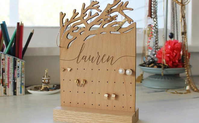Acrylic And Wood Personalized Jewelry Stand On Table