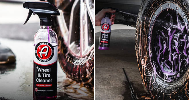 Adams Wheel Tire Cleaner 16 Ounce Spray on the Left and Hand Holding the Same Item Spraying the Wheels on the Right