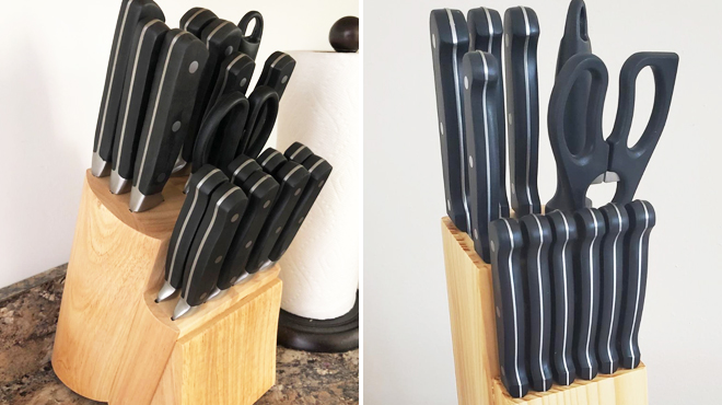 Amazon Basics 9 Piece Premium Kitchen Knife Block Set on the Left and Back View of Same Item on the Right