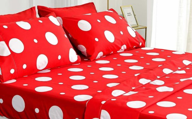 American Home Collection Red Polka Dot Six Piece Sheet Set
