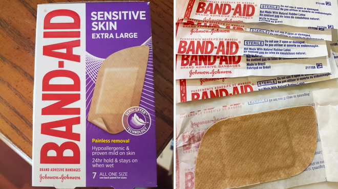 Band Aid 7 Count Pack of Adhesive Bandages for Sensitive Skin on the Left Band Aid Adhesive Bandages for Sensitive Skin on a Table on the Right