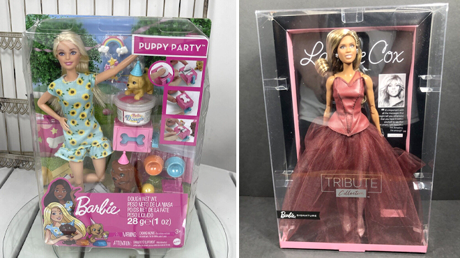 Barbie Puppy Party Doll Playset on the left and Barbie Laverne Cox Tribute Collection Doll on the Right