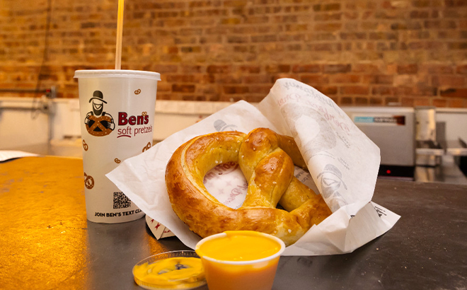 Bens Pretzel with a Drink and Dipping Sauce on Table