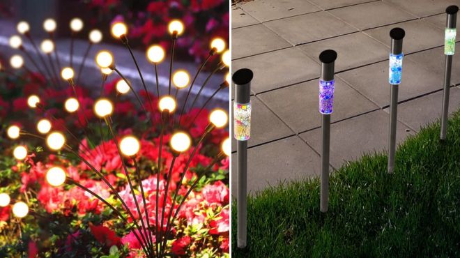 Black Solar Powered Pathway Light Set of 4 and Mosaic Column Solar LED Pathway Light Pack Set of 4