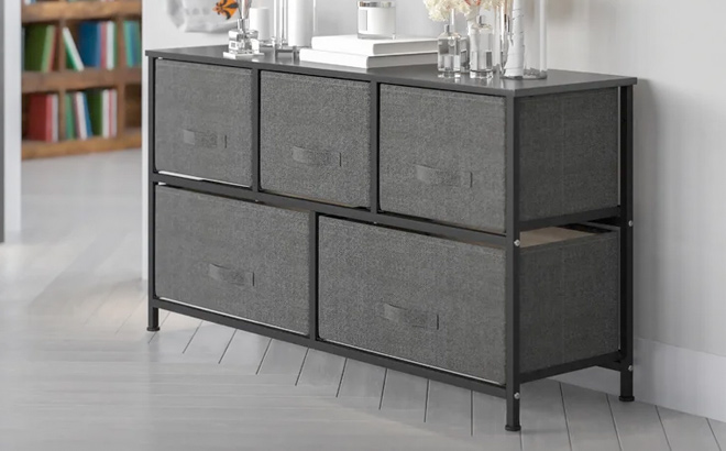 BlackDark Gray 5 Drawer Wood Top Cast Iron Frame Storage Dresser with Easy Pull Fabric Drawers