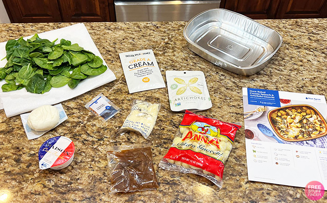 Blue Apron Ingredients and a Recipe on a Kitchen Countertop