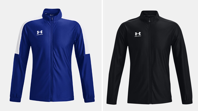 Blue Under Armour Mens Challenger Track Jacket on the Left and Color Black on the Right