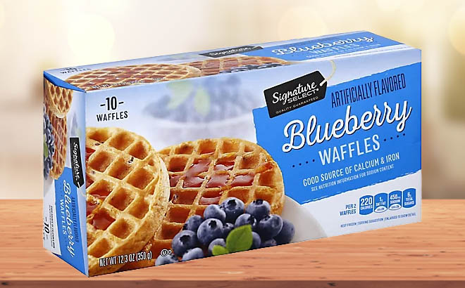 Blueberry Flavored Signature Select Waffles on a Wooden Table
