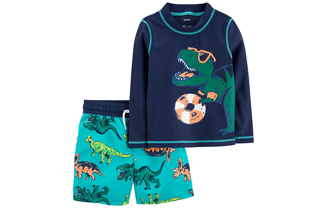 Carters Navy Teal Beach Ball Dinosaur Rashguard Set