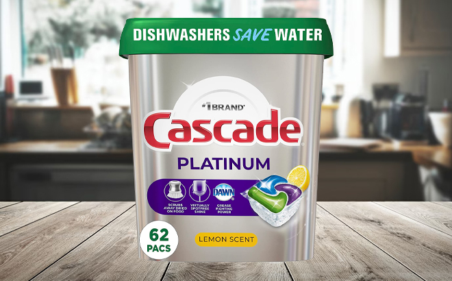 Cascade Platinum Dishwasher Pods 62 Count on a Table