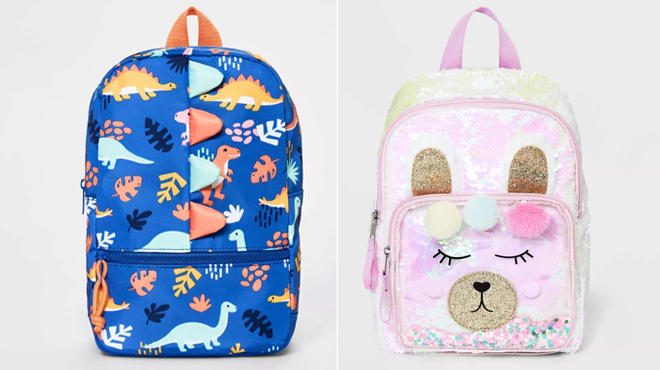 Cat Jack Toddler Boy Dinosaur Backpack on the left and Cat Jack Girls Sequin Llama Backpack on the right