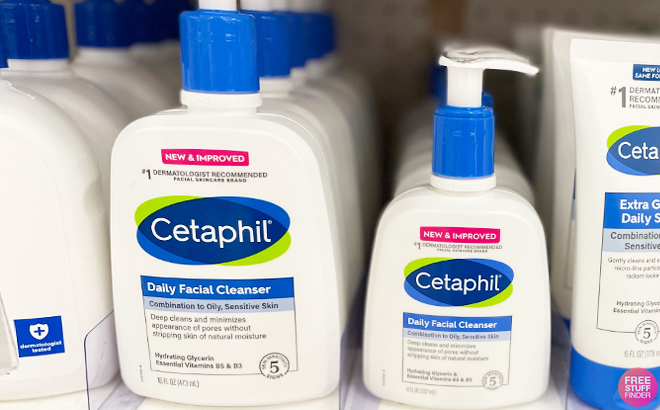 Two Cetaphil Fragrance-Free Facial Cleansers in Different Sizes on a Shelf at a Store