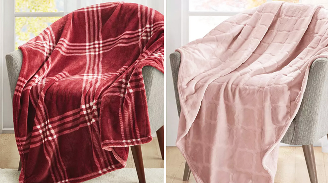 Charter Club Cozy Plush Throw on a Chair in Garnet Plaid on the Left and Carved Blush on the Right