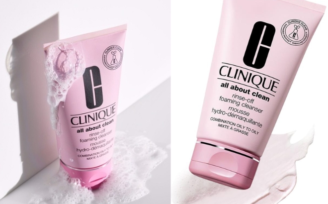 Clinique All Aboute Clean Double Cleansing Foaming Cleanser next to a Wall on the Left and on a White Background on the Right