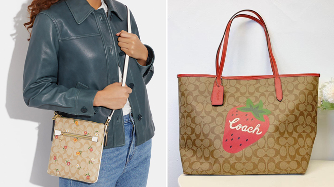 Coach Outlet Mini Rowan File Bag In Signature Canvas With Nostalgic Ditsy Print and City Tote In Signature Canvas With Wild Strawberry