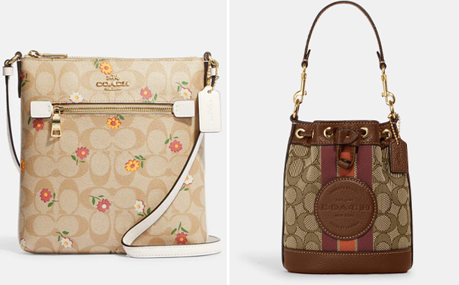 Coach Outlet Mini Rowan File Bag and Mini Dempsey Bucket Bag on a Gray Background