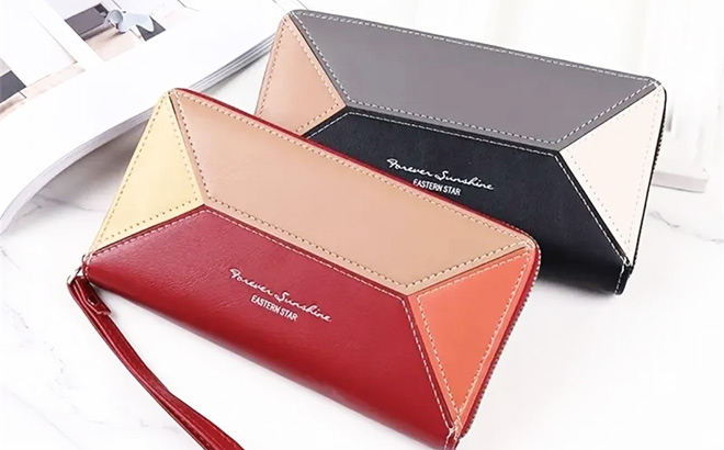 Color Block Long Wallet With Wristlet