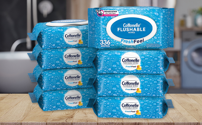 Cottonelle Freshfeel Flushable Wet Wipes 8 Packs on Bathroom Counter