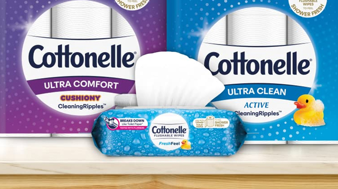 Cottonelle Freshfeel Flushable Wet Wipes on Bathroom Counter