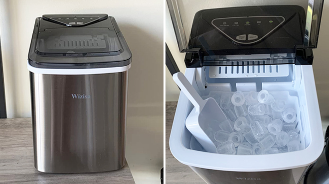 Countertop Ice Maker in Stainless Steel on the Left and Same Item with Open Cover and Ice Cubes Inside on the Right