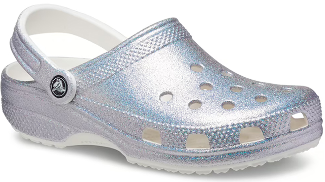 Crocs Womens White Iridescent Metallic Classic Glitter Clogs