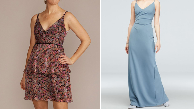 Davids Bridal Floral Print Tiered Ruffled Dress on the Left and Davids Bridalscoopback Stretch Crepe Sheath Dress on the Right