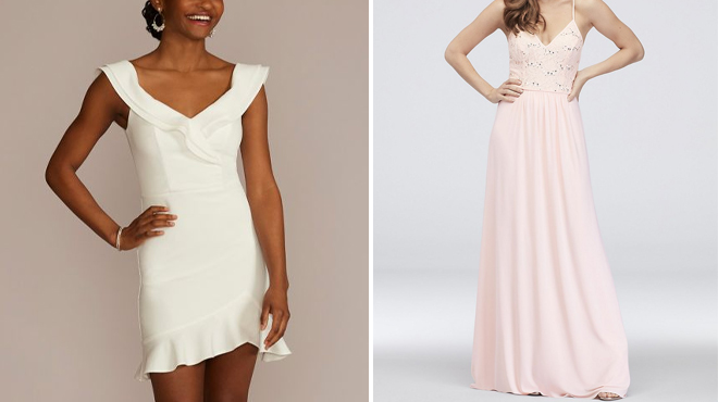 Davids Bridal Short Ruffled Stretch Crepe Dress on the Left and Davids Bridal Sequin Lace Jersey Sheath Dress on the Right