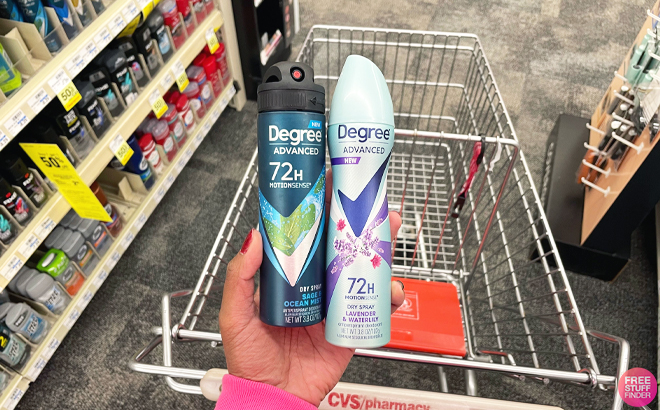 Degree Mens Dry Spray Deodorant and Degree Womens Dry Spray Deodorant in front of a CVS Cart