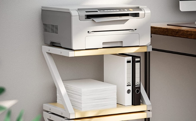 Desktop Stand for Printer with Two Shelves in Light Wood in an Office