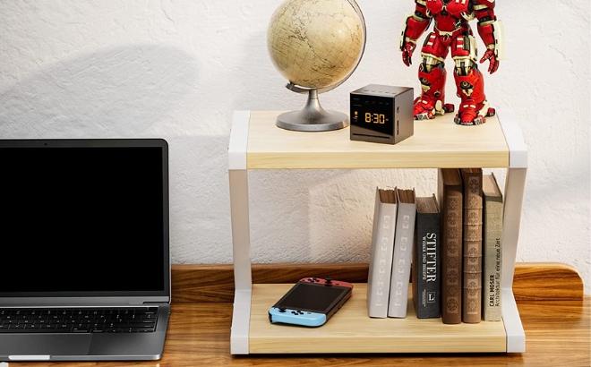 Desktop Stand for Printer with Two Shelves in Light Wood on a Desk Next to a Laptop