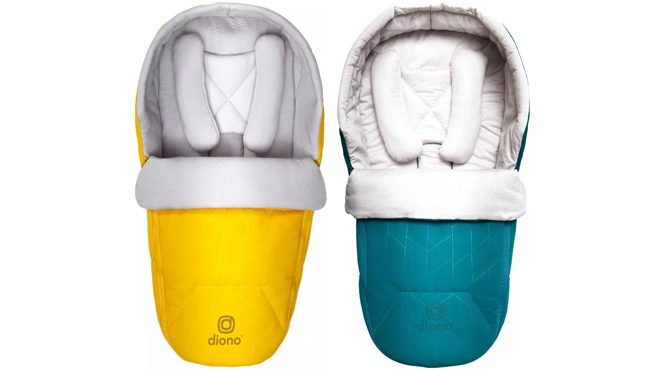 Diono Newborn Pod Stroller Footmuff yellow on the left and blue on the right