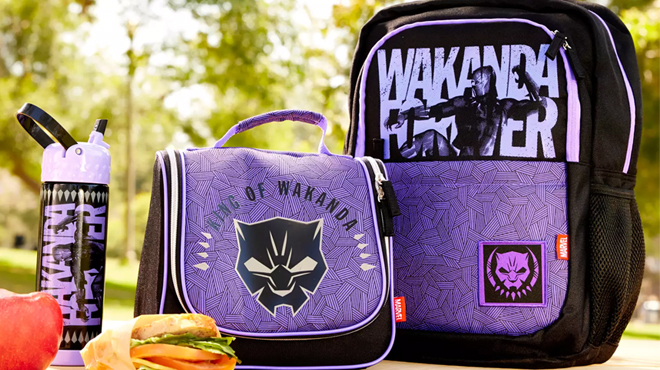 Disney Black Panther Lunch Box on the Center and Disney Black Panter Backpack on the right Disney Black Panther Lunch Box on the Center and Disney Black Panter Backpack on the right