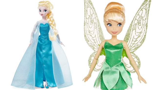 Disney Elsa Classic Doll on the Left and Disney Tinkerbell Classic Doll on the Right