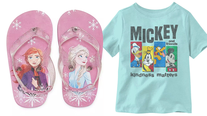 Disney Frozen Princess Pink Flip Flops on the Left and Disney Mickey and Friends Boys Tee on the Right