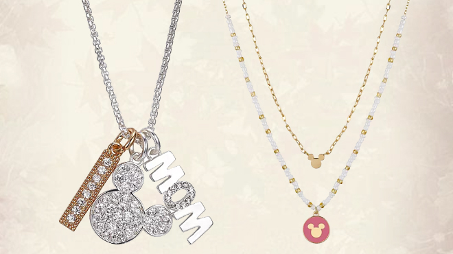 Disney Mickey Mouse Mom Charm Necklace on the left and Disney Gold Plated Mickey Mouse 2 Piece Necklace Set on the right
