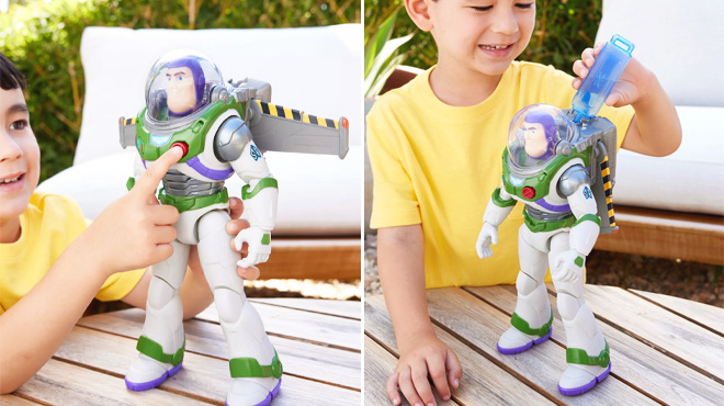 Boy Playing with Disney and Pixar Buzz Lightyear Action Figure in Two Different Views