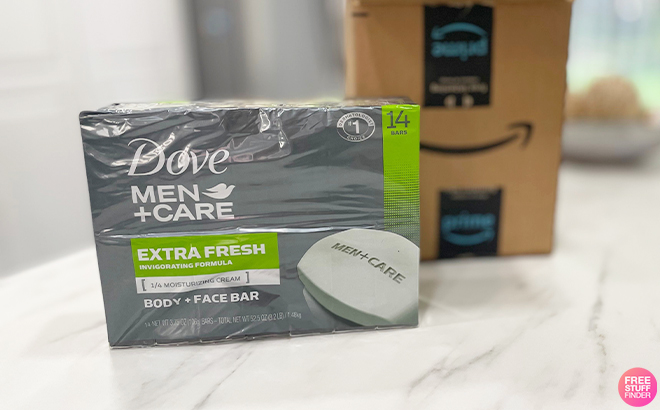 Dove MenCare Bar 3 in 1 Cleanser for Body and Face on a Counter