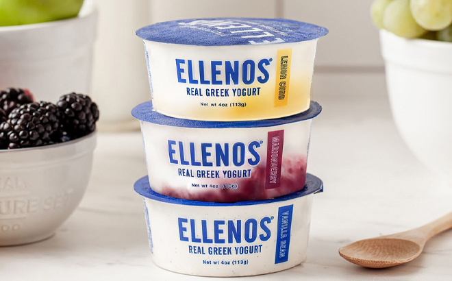 Ellenos Real Greek Yogurts Stacked Up On Kitchen Counter