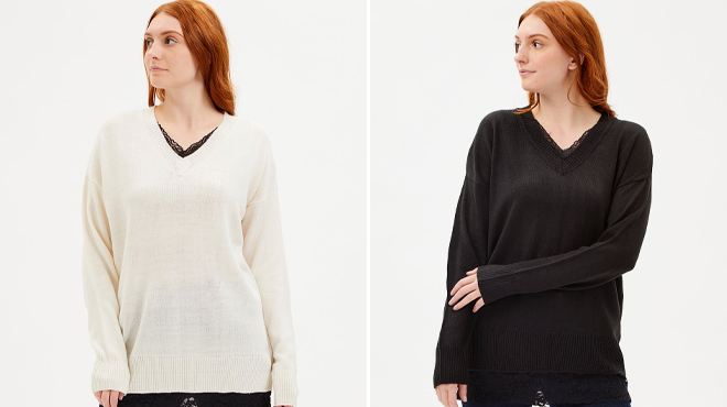 Evelyn Taylor Womens Lace Trim V Neck Sweaters