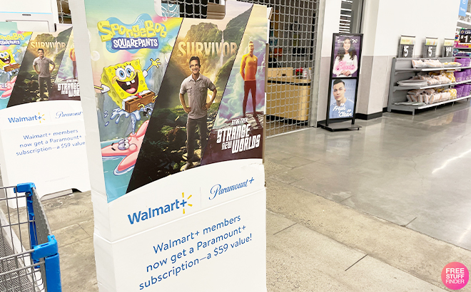 A Sign at a Walmart Store Showing the Offer for FREE Paramount Plus for Walmart Plus Members