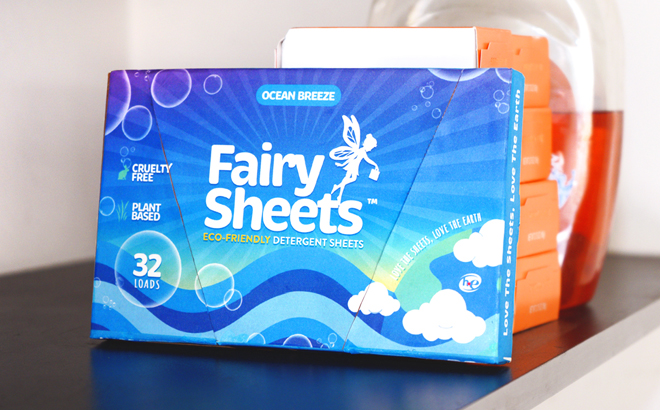Fairy Sheets Ocean Breeze Laundry Detergent Sheets 32 Loads in Ocean Breeze Scent on a Table