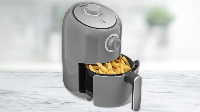 Farberware 19 Quart Air Fryer in Grey Color on a Marble Countertop
