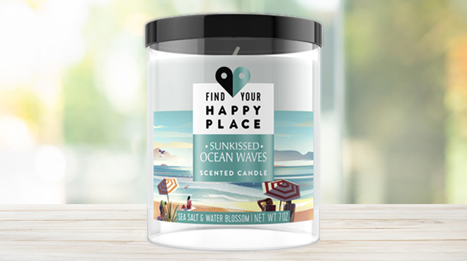 Find Your Happy Place Ocean Waves Sea Salt and Water Blossom Scented Candle on a Table