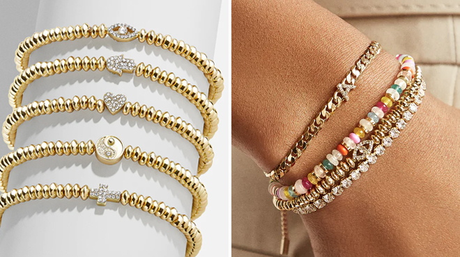 Five Baublebar Meaningful Motif Paris Bracelets on the Left and a Hand with Four Baublebar Bracelets on the Right