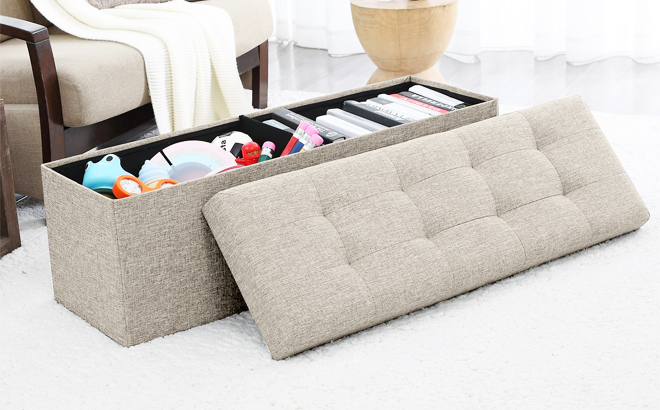 Foldable Large Storage Ottoman Bench Beige Color Foldable Large Storage Ottoman Bench Beige Color