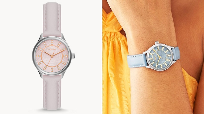 Fossil Modern Sophisticate Three Hand LiteHide Leather Watch in Blush and Smoke Blue Colors