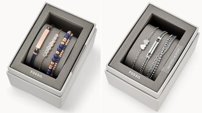 Fossil Womens Stainless Steel Bracelet Combo Set on the Left and Fossil Womens Navy Stainless Steel Bracelet Combo Set on the Right Fossil Stainless Steel Combo Set in Blue Color on the Left Side and in Silver Color on the Right Side