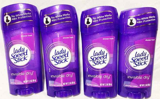 Four Lady Speed Stick Invisible Dry Antiperspirant Deodorants on a White Background