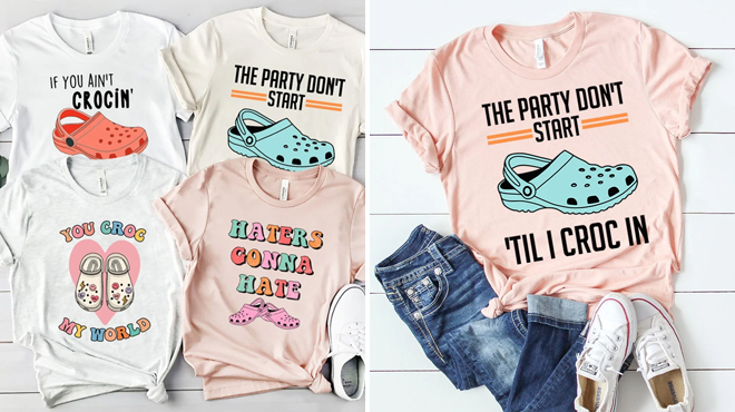 Four Favorite Shoe Trendy Graphic Tees on the Left and one Outfit Set on the Right